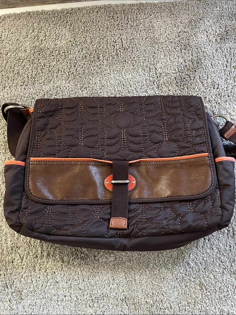 Fantastic College Fossil Quilted Brown Laptop Messenger Bag with Orange Trim